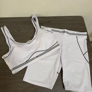 ALO Yoga White Sports Bra and Shorts Set with Black Trim